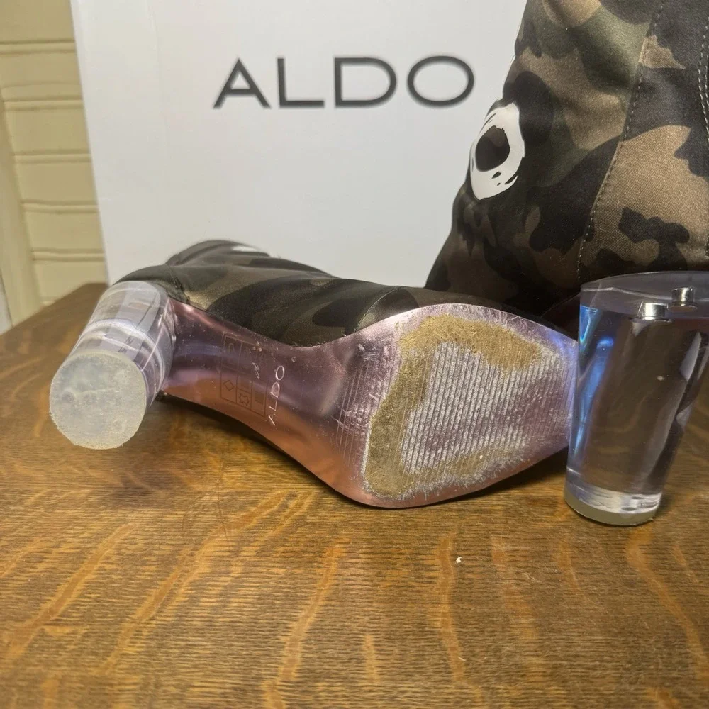 ALDO Oceani Camo Graffiti Clear Heel Ankle Boots Women's US 6 w/ Box